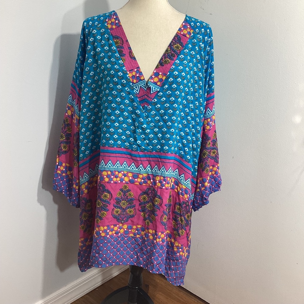 Y2K TOLANI 100% SILK 2X BOHO TUNIC V NECK FLORAL TURQUOISE PINK
